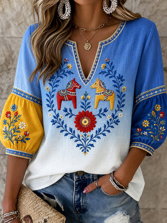 Dame retrostil svensk dalahäst brodert blomsterkunsttrykt avslappet topp