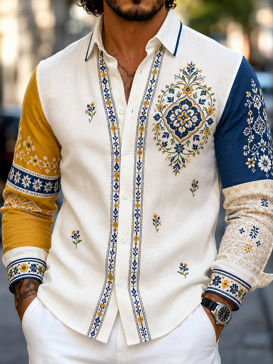 Herreskjorte i retrostil med svensk dalahäst og brodert blomsterkunst, avslappet stil