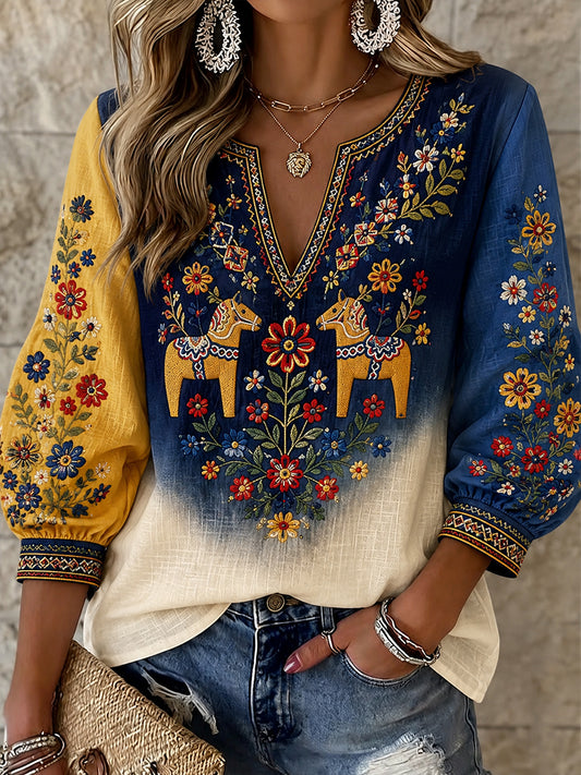 Dame retrostil svensk dalahäst brodert blomsterkunsttrykt avslappet topp