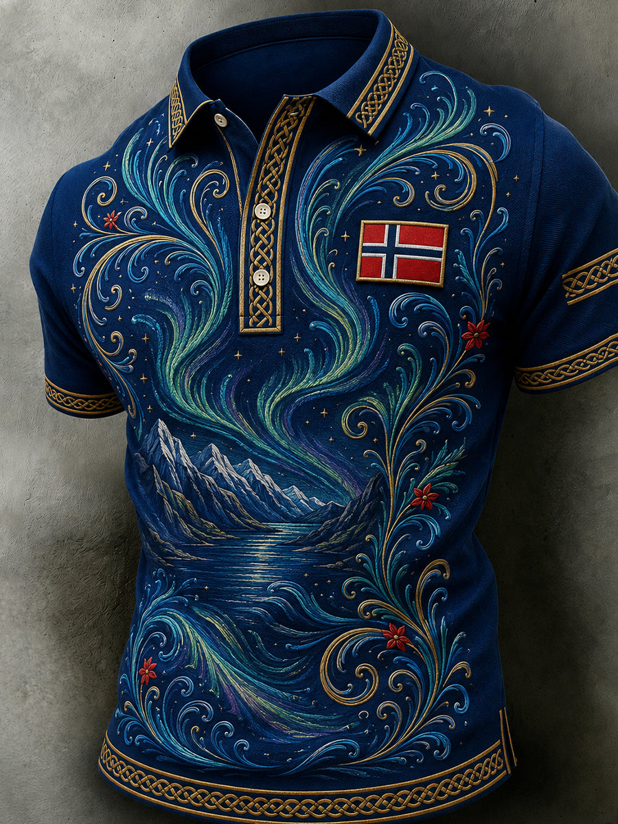 Menns retro nordisk stil norsk kunsttrykk avslappet poloskjorte