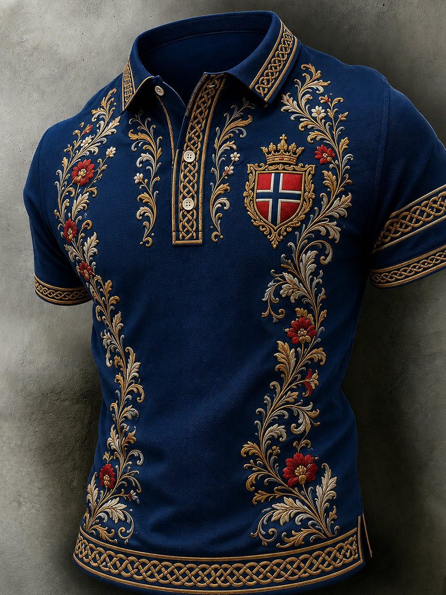 Menns retro nordisk stil norsk kunsttrykk avslappet poloskjorte