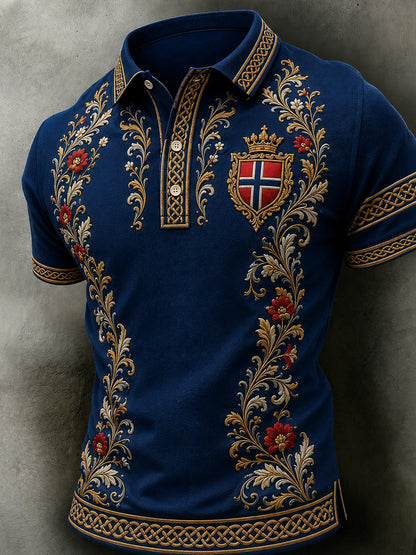 Menns retro nordisk stil norsk kunsttrykk avslappet poloskjorte