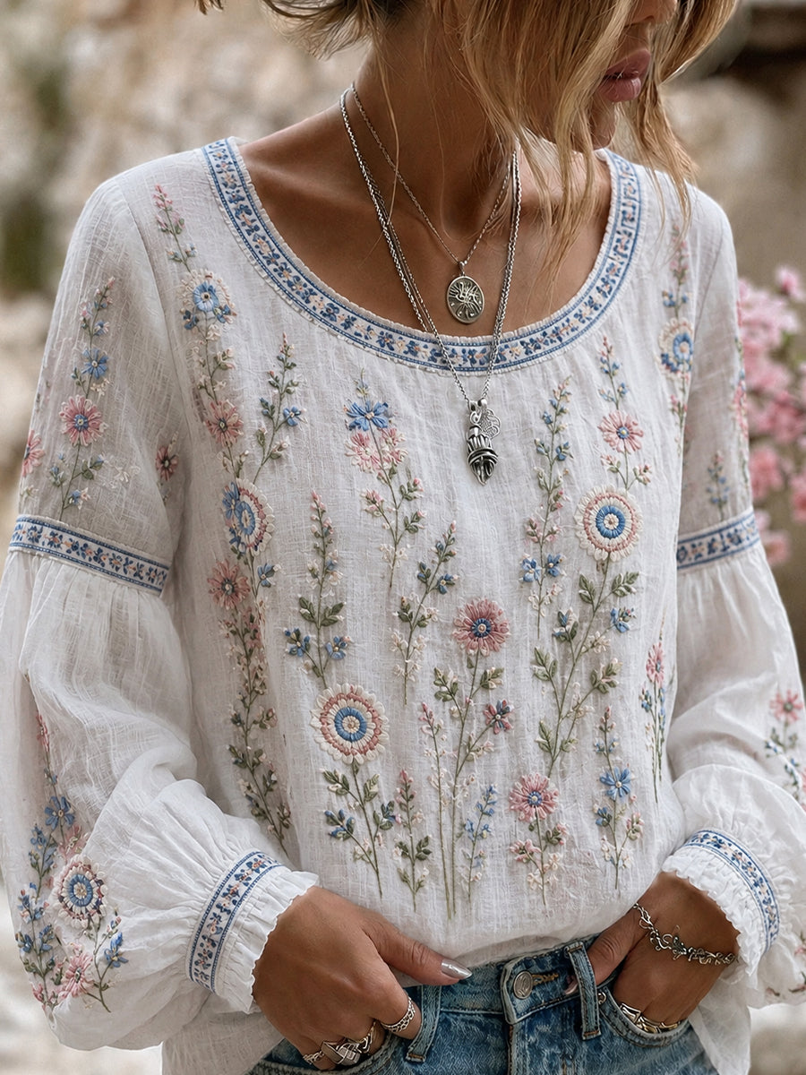 Dams vintage blommig konsttryckt casual topp i bomull-linne