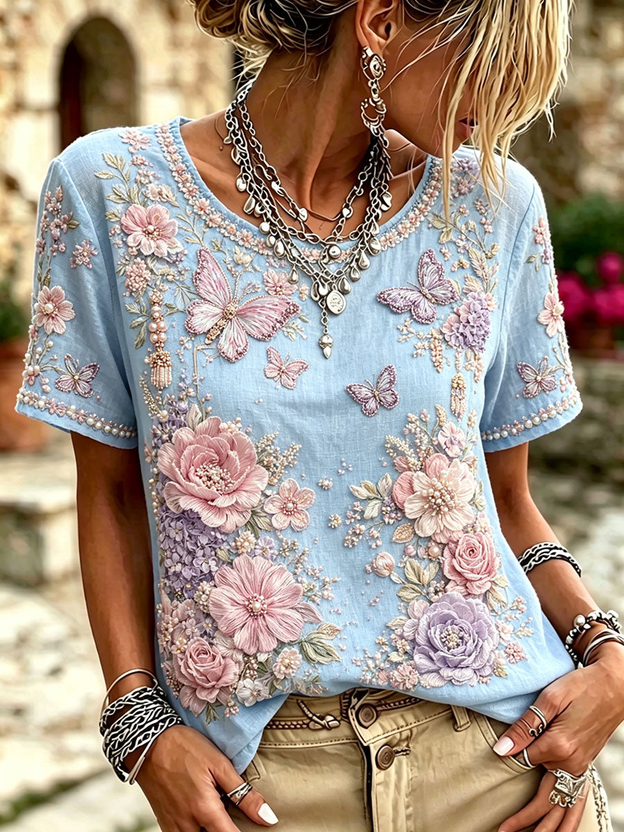 Kvinnors fjäril blomstertryck T-shirts