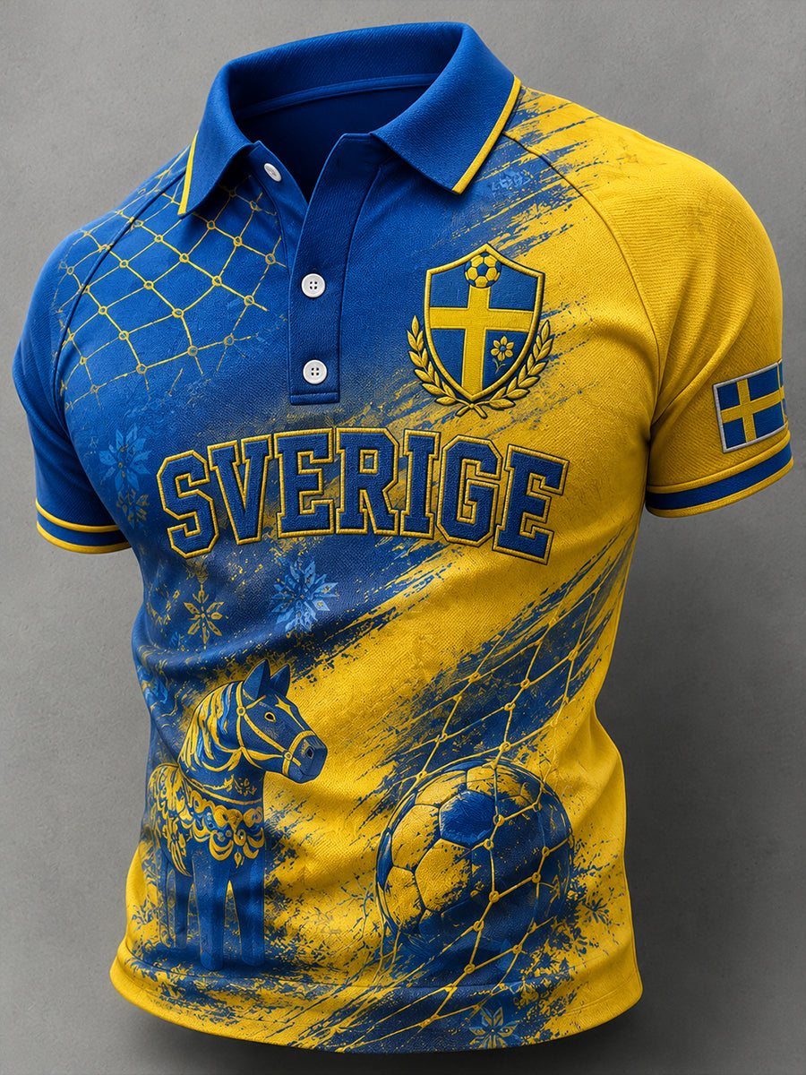 Herrpolotröja i retrostil med fotbollselement, kortärmad och avslappnad stil