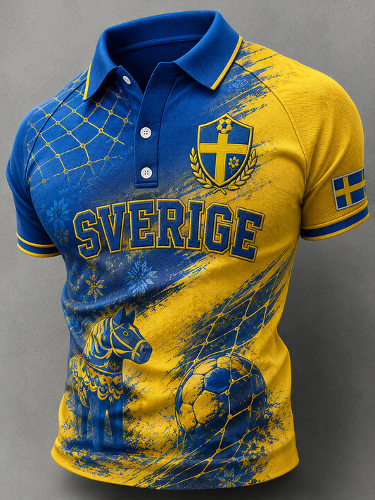 Herrepoloskjorte i retrostil med fotballelementer, kortermet og avslappet stil