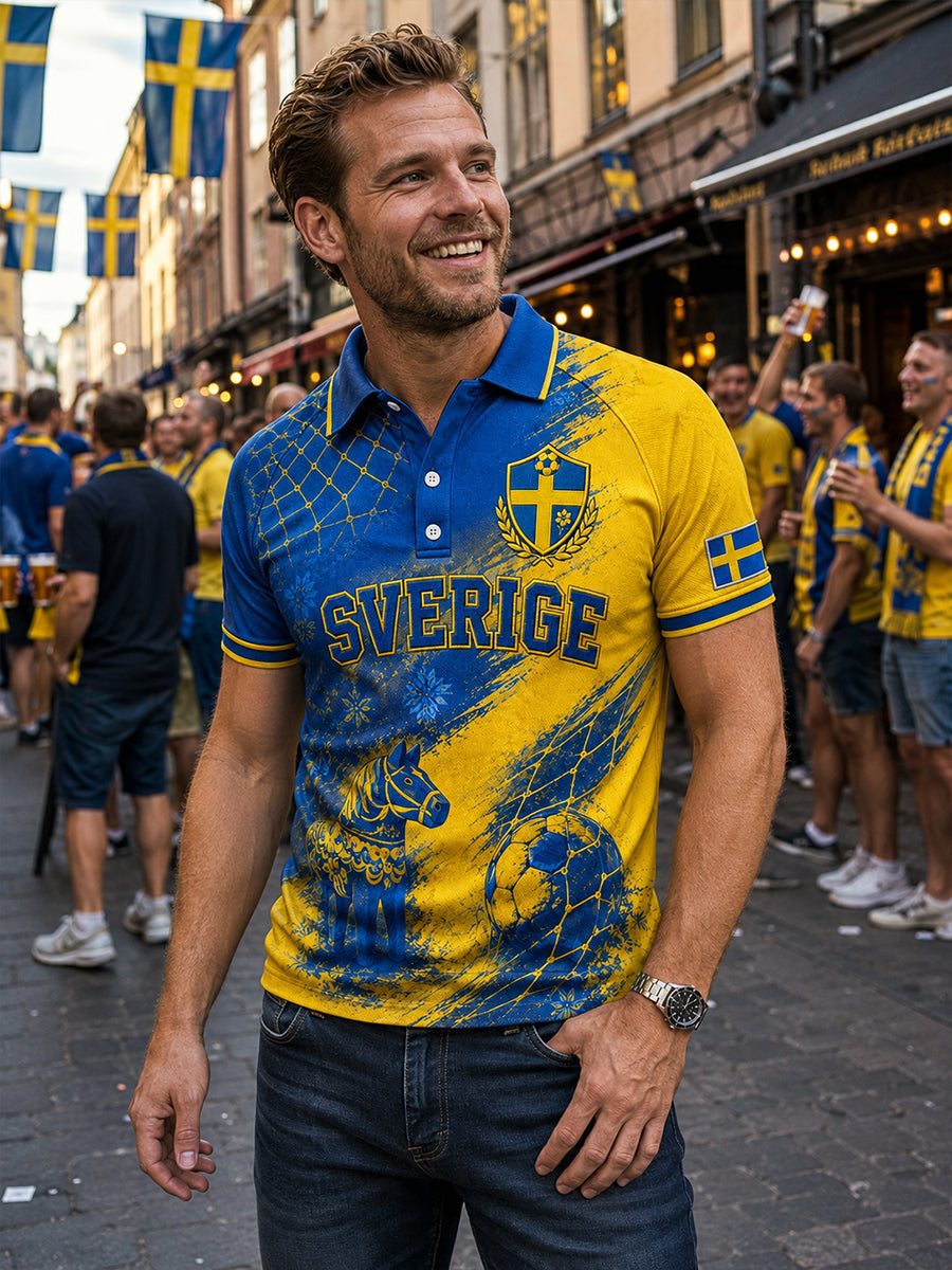 Herrpolotröja i retrostil med fotbollselement, kortärmad och avslappnad stil