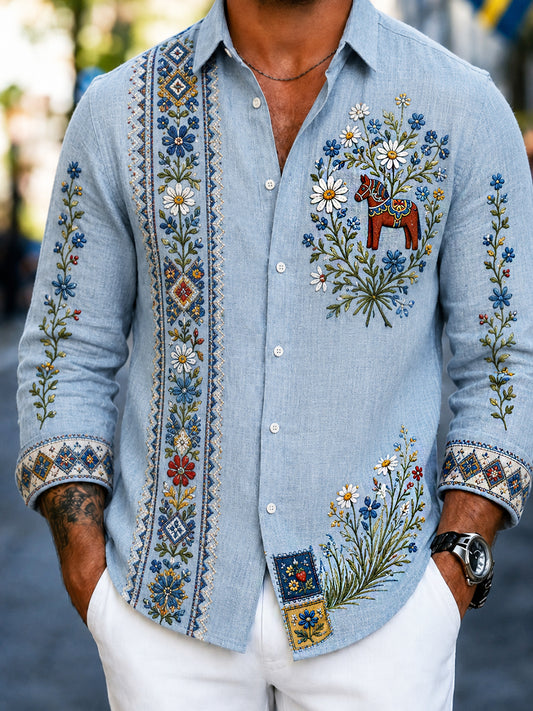 Menn Retro Svensk-stil Broderte Blomster Midtsommer Kunst Print Avslappet Bomull-Lin skjorte