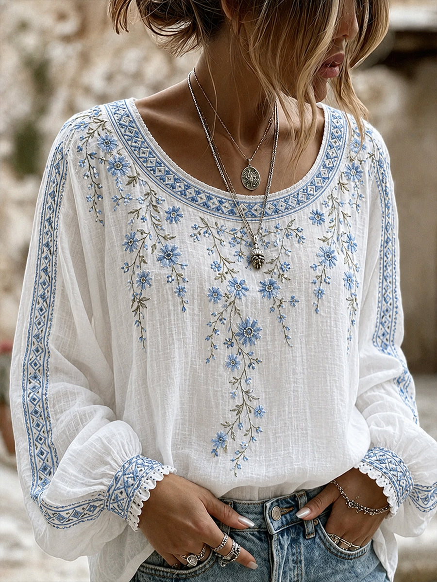 Kvinnors Vintage Floral Art Print Casual Cotton-Line Topp