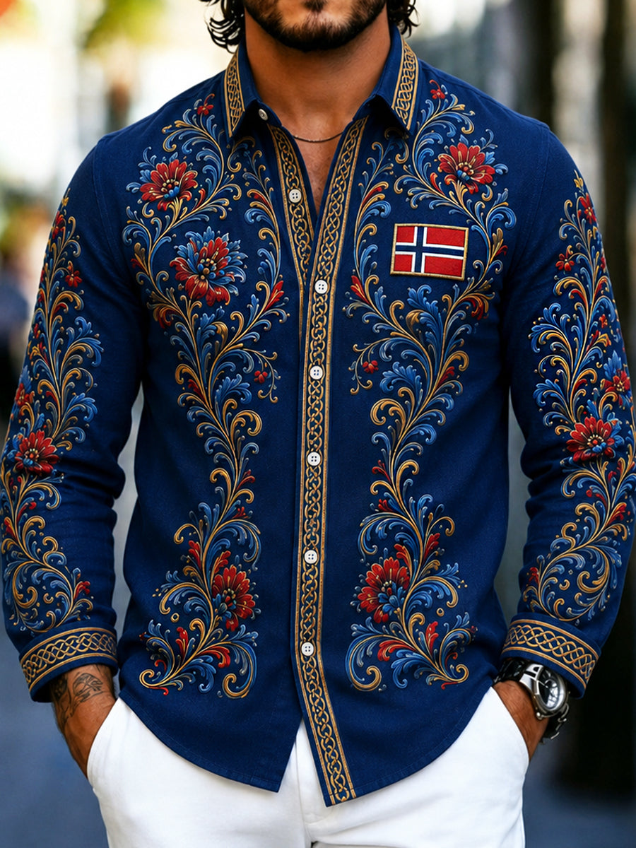 Menns kulturbluse i retro nordisk stil med norsk kunsttrykk, av bomull og lin