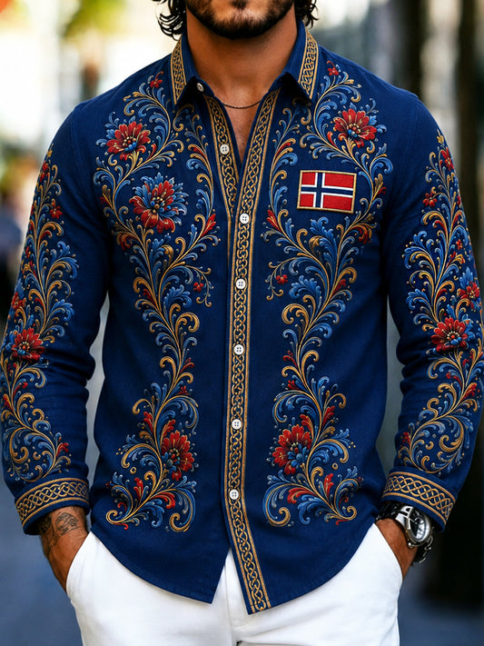 Kulturbluse for menn i retro nordisk stil med norsk kunsttrykk, av bomull og lin