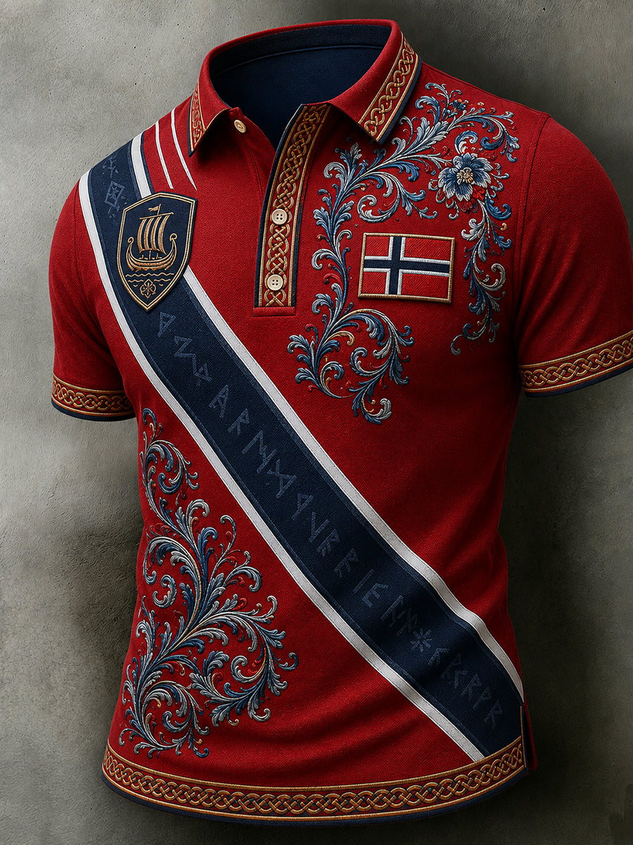 Menns retro nordisk stil norsk kunsttrykk avslappet poloskjorte