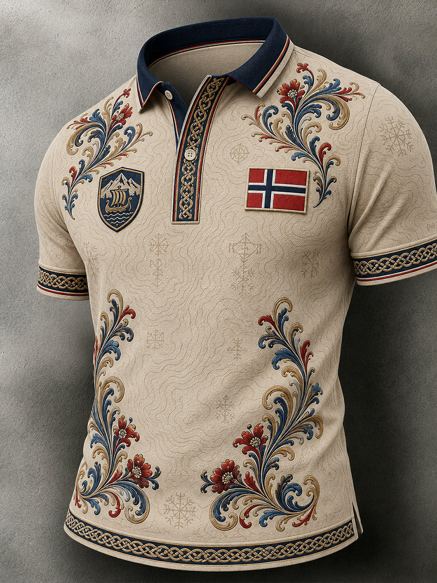 Menns retro nordisk stil norsk kunsttrykk avslappet poloskjorte