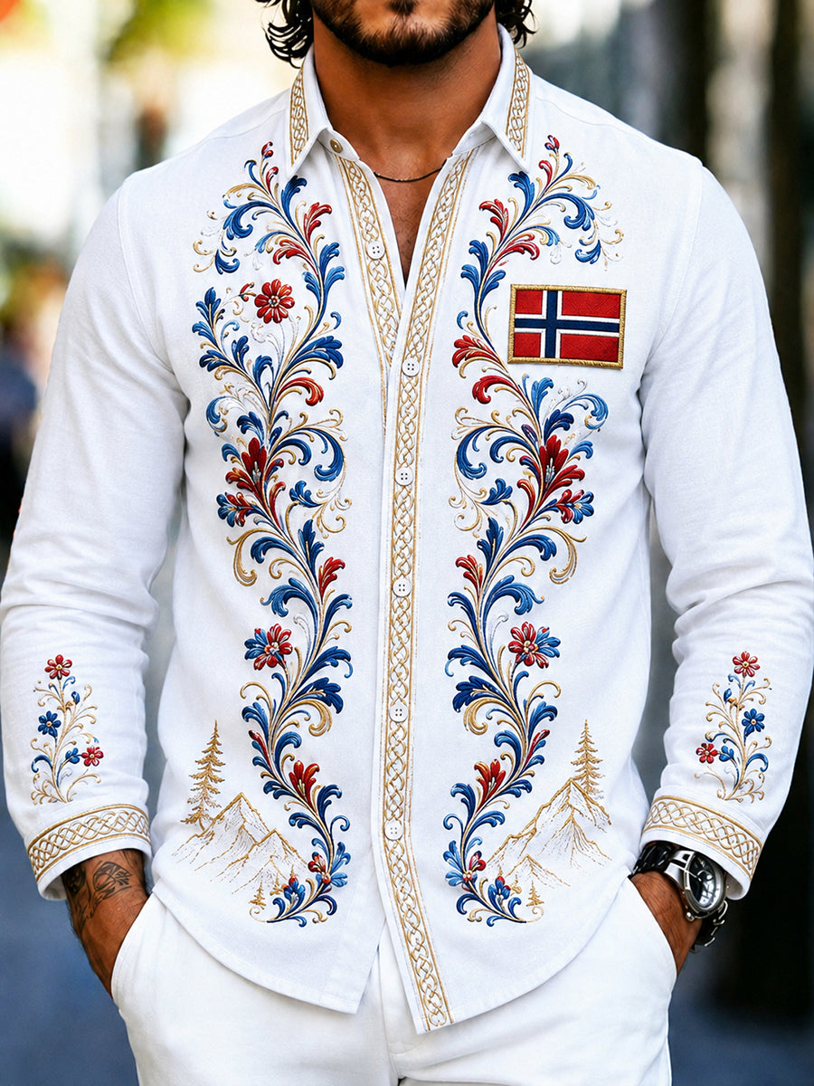 Menns kulturbluse i retro nordisk stil med norsk kunsttrykk, av bomull og lin