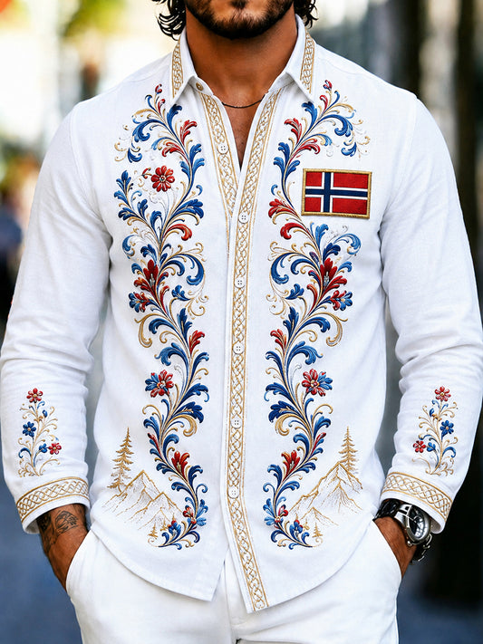 Menns kulturbluse i retro nordisk stil med norsk kunsttrykk, av bomull og lin