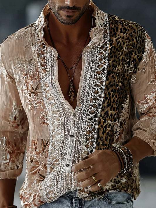 Boho linskjorte med leopardblomster-trykk til menn
