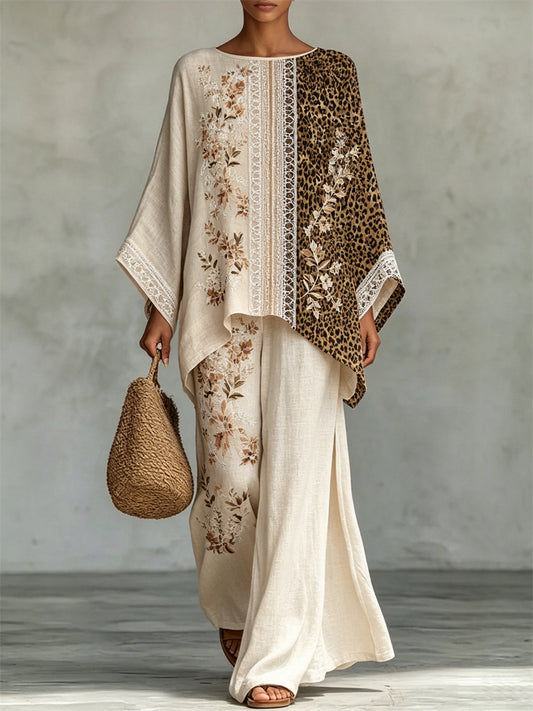 Dame Vintage Leopard Blomster Kontrast Trykk Flowy Lin Sett