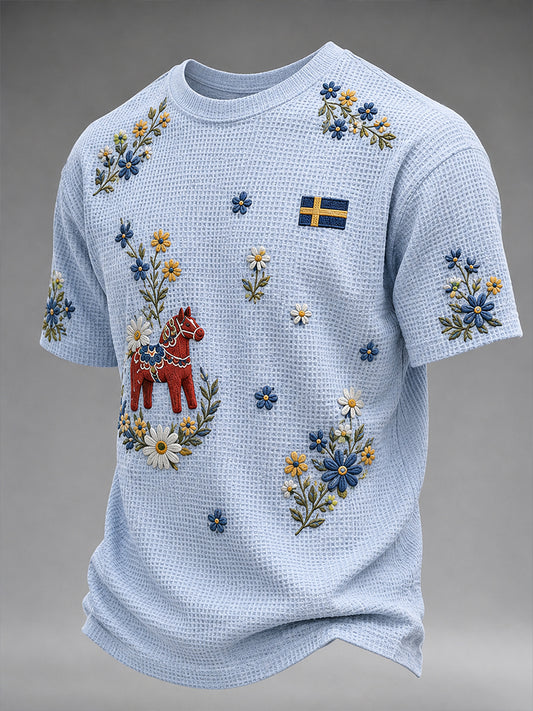 Menns Midsommerfestival Karusell Blomsterbroderi Print Vaffelkjole Kort erm T-skjorte