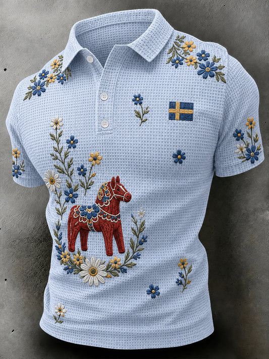Menns midtsommerfestival Trehest blomsterbroderi Trykk Vaffelkjole Kort erme Polotrøye