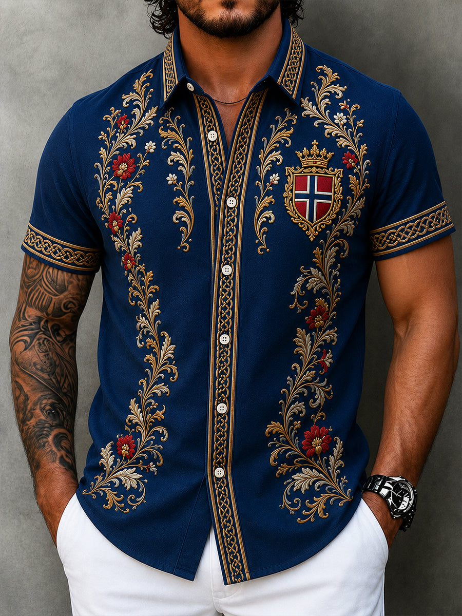 Menns kulturbluse i retro nordisk stil med norsk kunsttrykk, av bomull og lin