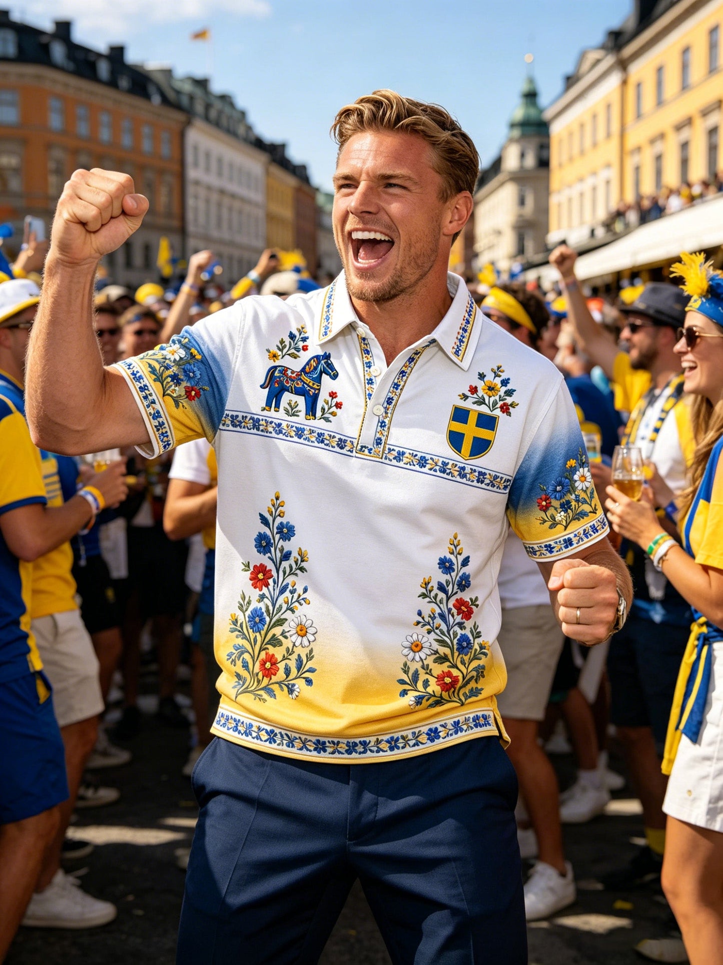 Herrpolotröja med konsttryck till minne av den svenska högtiden