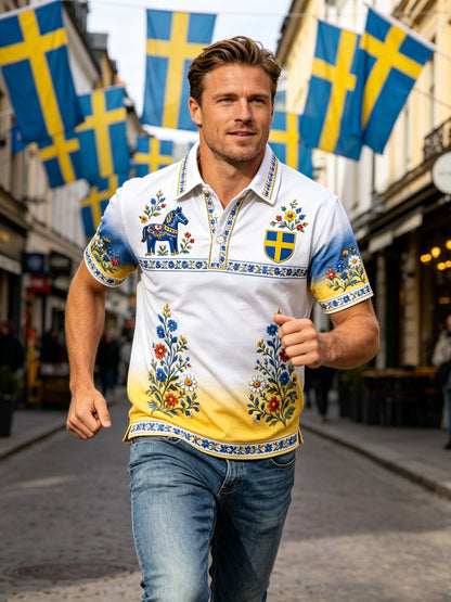 Herrpolotröja med konsttryck till minne av den svenska högtiden