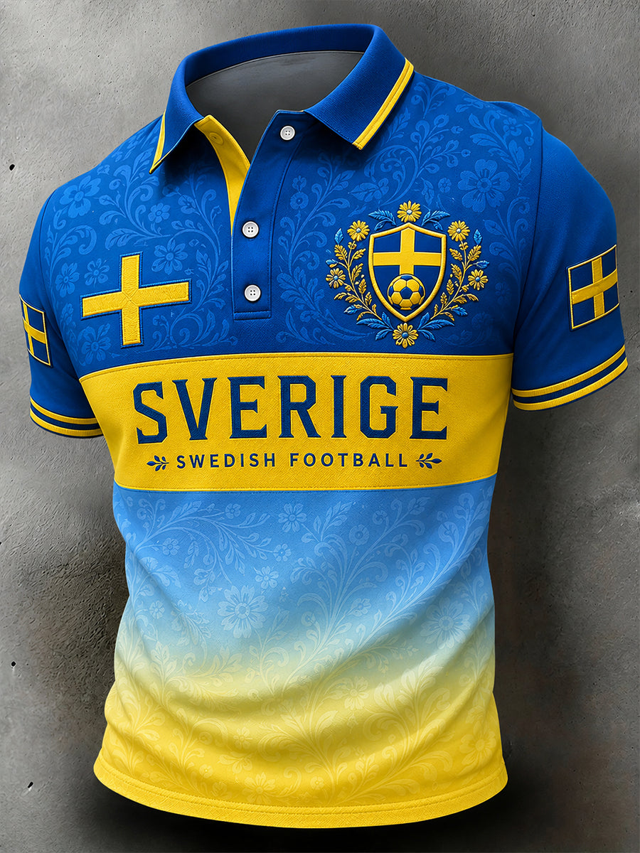 Vintage-tryckt polo med fotbollstema för svenska fans – avslappnad stil för män
