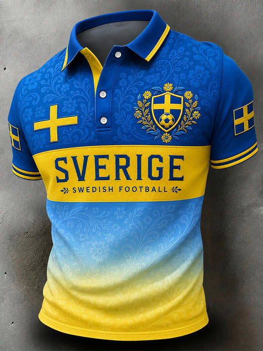 Vintage-trykt polo med fotballtema for svenske fans – avslappet stil for menn