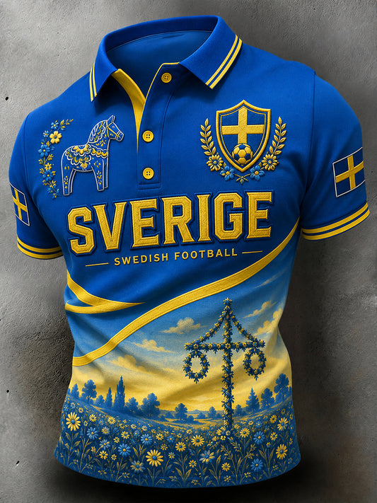 Vintage-trykt polo med fotballtema for svenske fans – avslappet stil for menn