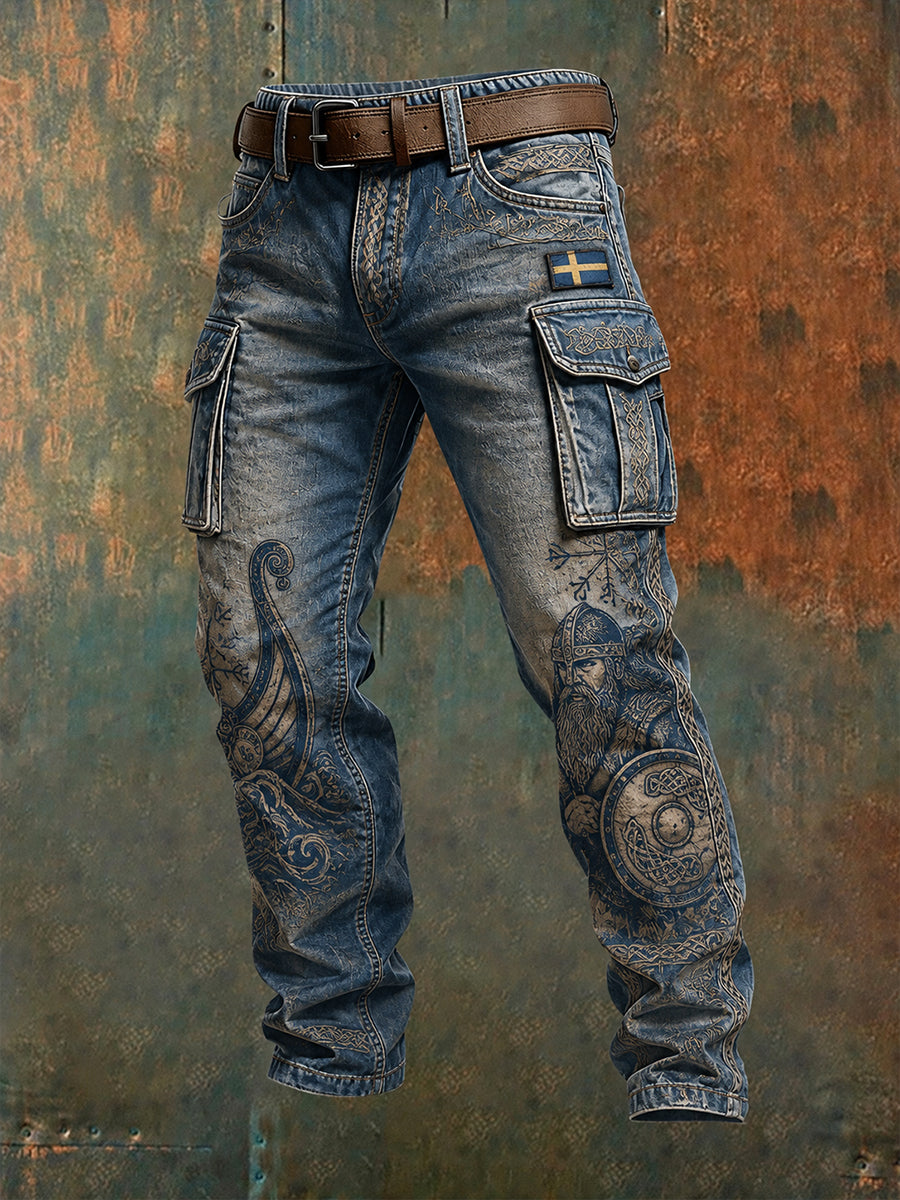 Mäns Retro Viking-Inspirerade Print Cargo Byxor