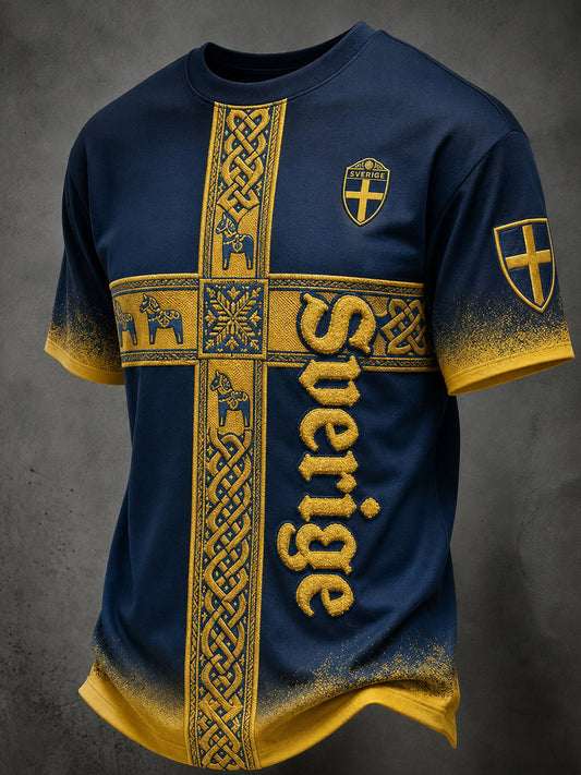 Herregenser i retrovikingstil med Sveriges fotballnasjonalflagg og emblem, kortermet