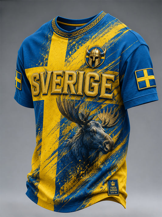 Retro svensk fotballandslagsflagg med emblem og t-skjorte i vikingstil med korte ermer