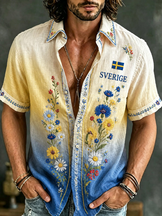 Herreskjorte med kunsttrykk for den svenske midtsommerfesten, kortermet
