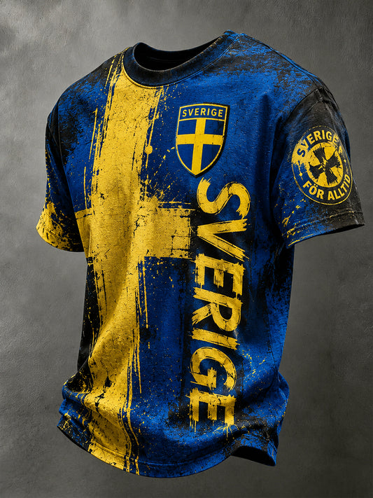 Retro svensk fotballandslagsflagg med emblem og t-skjorte i vikingstil med korte ermer