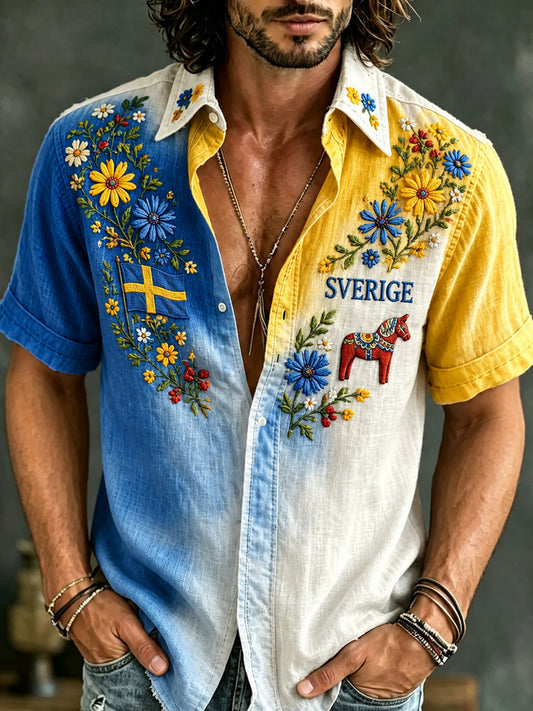 Herreskjorte med kunsttrykk for den svenske midtsommerfesten, kortermet