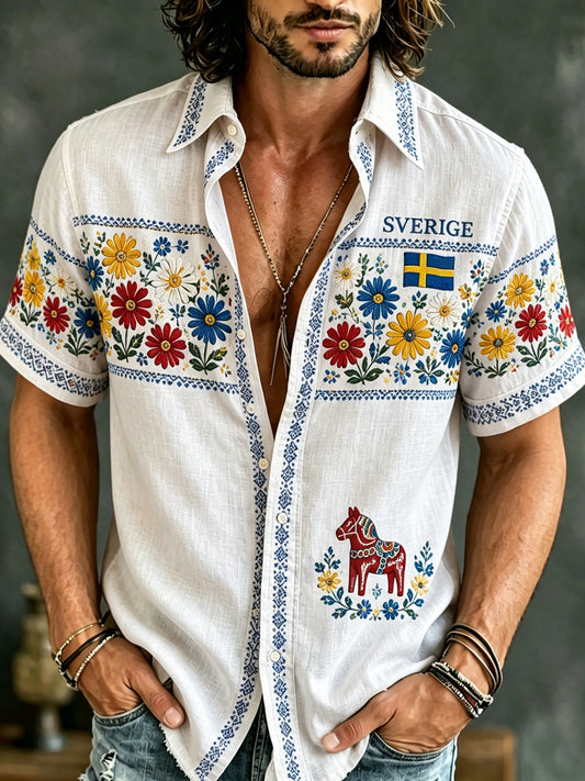 Herreskjorte med kunsttrykk for den svenske midtsommerfesten, kortermet