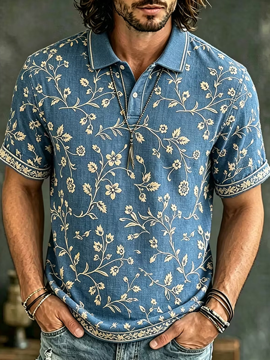 Retro Abstract Blomsterbroderier Konst Skriv ut Casual Polo tröja