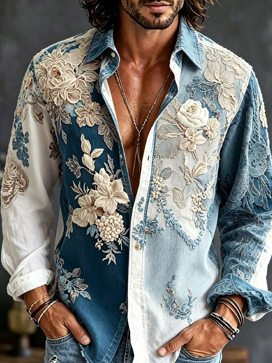 Mäns Retro Abstract konst Skriv ut Casual bomull-Linen skjorta