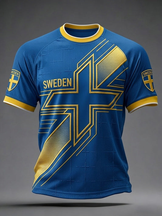 Herregenser i retrostil med svensk fotball 2026 trykt på