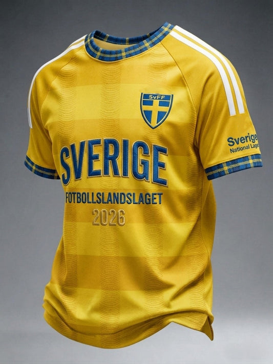 Herregenser i retrostil med svensk fotball 2026 trykt på