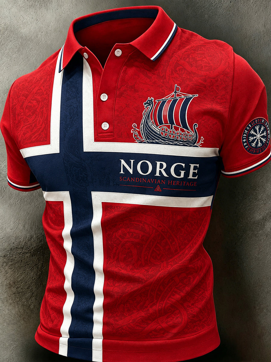 Menns retro nordisk stil norsk kunsttrykk avslappet poloskjorte
