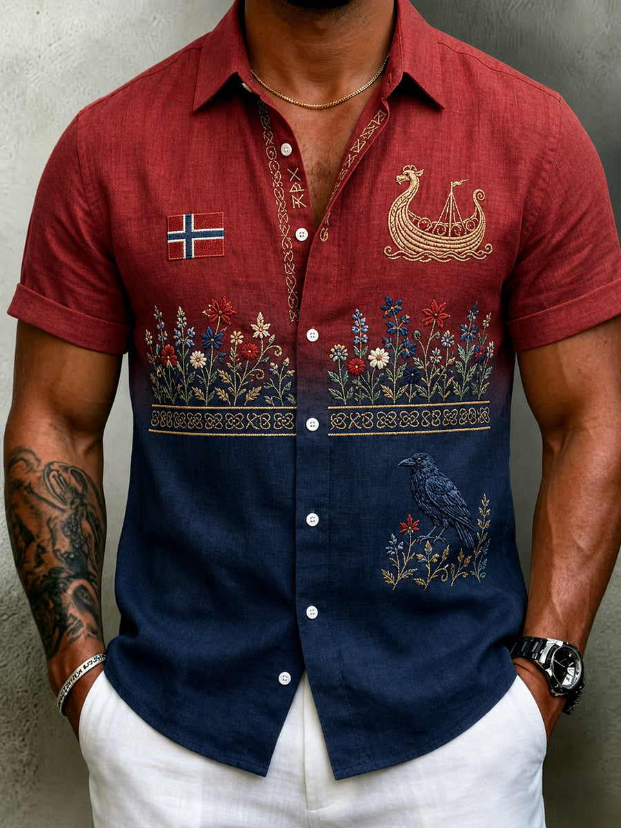 Menns vintage skandinavisk stil bomull-lin-skjorte med norsk kunsttrykk