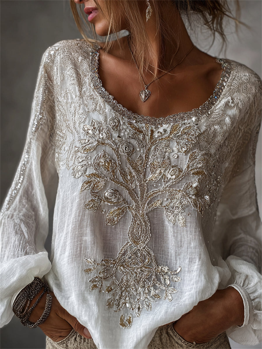 Damskjorta i vintagevikingastil med Livets träd, glitter och blommönster, i bomull-linne