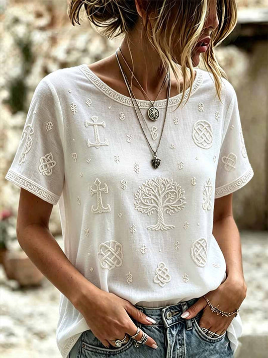 Romantisk blomstret vikingkunst-print avslappet t-skjorte for kvinner