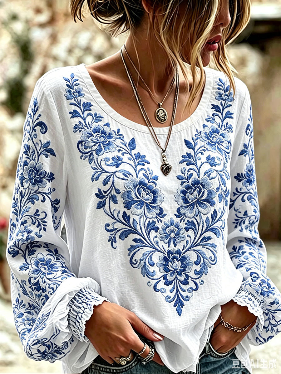 Kvinnlig blå och vit casual t-shirt med blommönster