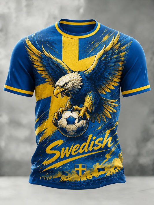Kunstnerisk t-skjorte for herre med fotballmotiv og svensk tema