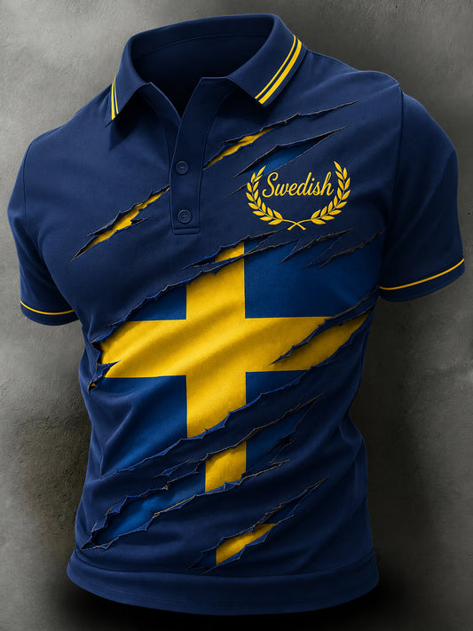 Kunstnerisk herregenser med fotballmotiv og svensk tema