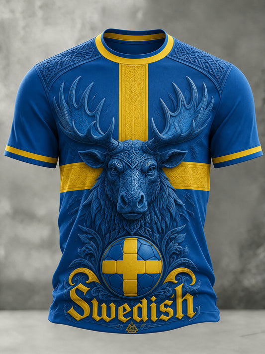 Kunstnerisk t-skjorte for herre med fotballmotiv og svensk tema