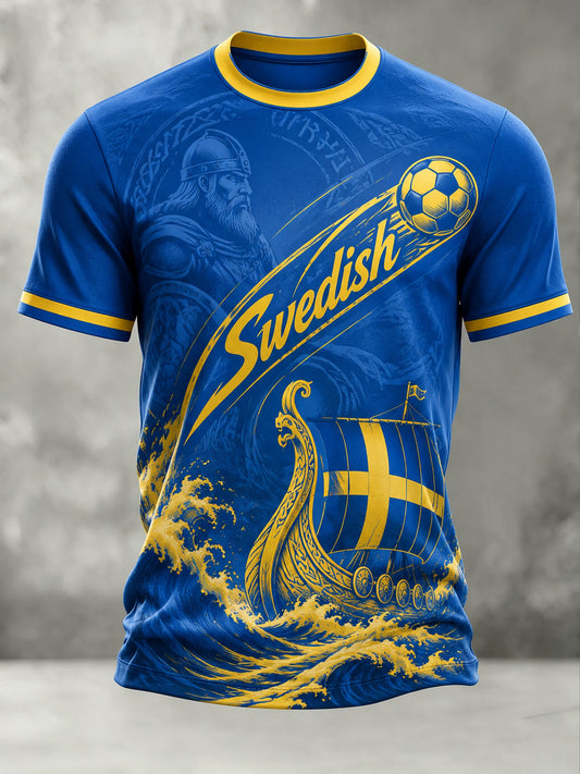Kunstnerisk t-skjorte for herre med fotballmotiv og svensk tema