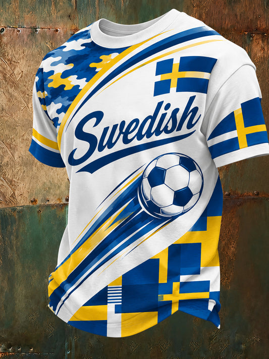 Kunstnerisk t-skjorte for herre med fotballmotiv og svensk tema